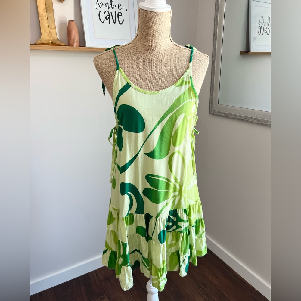 Green Hawaiian Tie Tank Ruffle Mini Dress